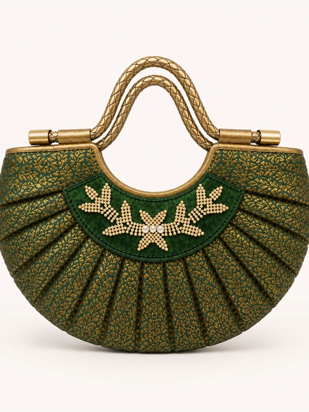 Vintage Green and Gold Fan-Style Evening Clutch